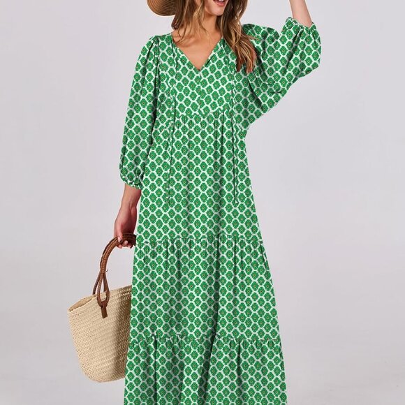 Womens Boho Maxi Dresses 2025 Summer V Neck Puff Sleeve Floral Flowy Swing Casua - Picture 2 of 8